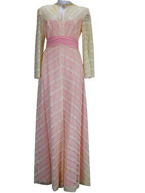 Vintage 70s Lace Maxi Dress Pink Ivory Empire Waist ILGWU Boho Prairie